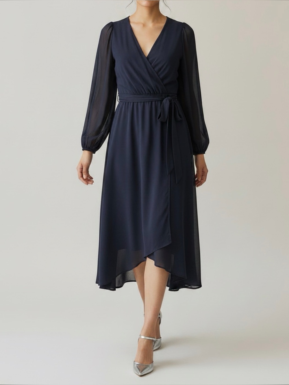 DKNY Faux Wrap Belted Balloon Sleeve Dress